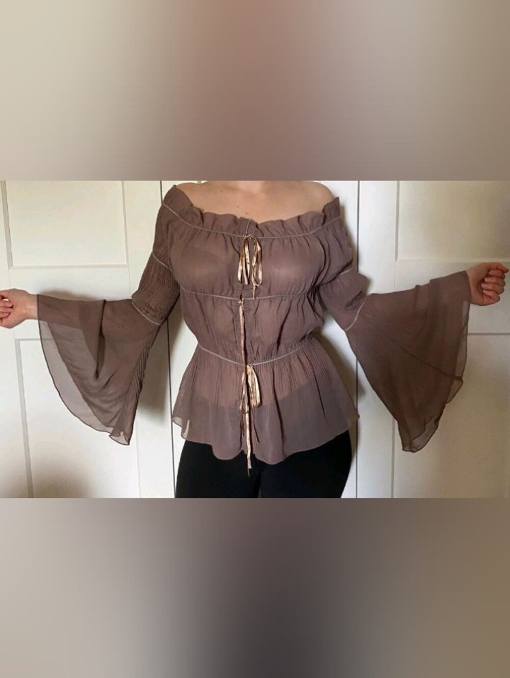Renfaire Fantasy Elegant Brown Off-Shoulder Women's Top - Picture 3 of 10